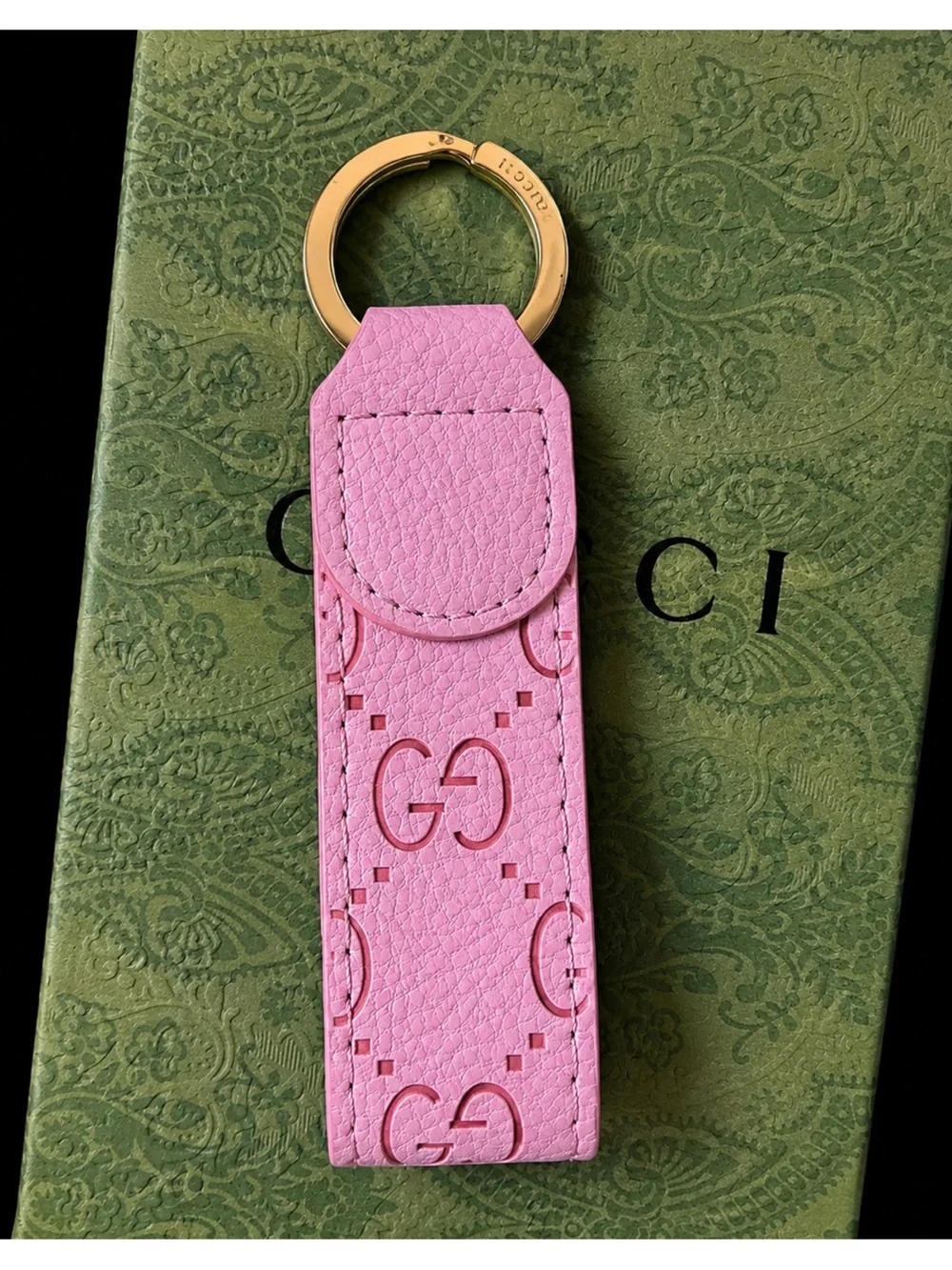 IN BOX Gucci Pink Leather Key Strap with Gold Double G Ring